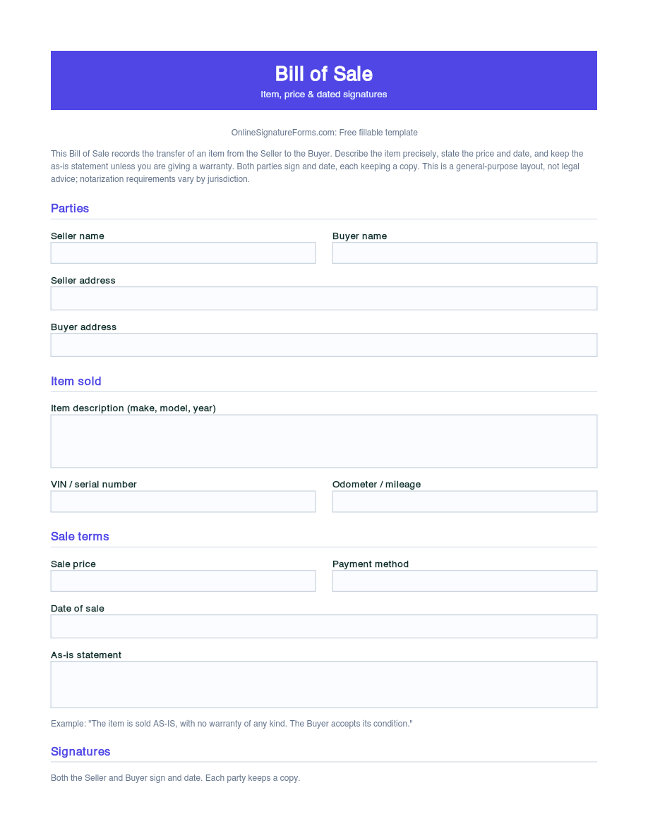 Preview of Bill of Sale Template