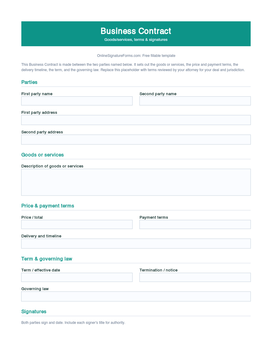 Preview of Business Contract Template (PDF/DOCX)