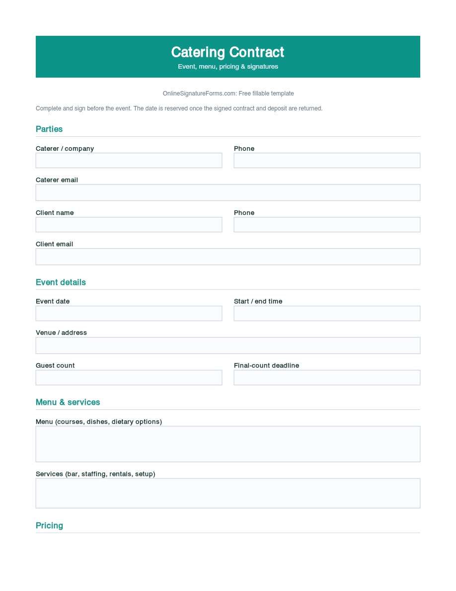 Preview of Catering Contract Template (PDF/DOCX)