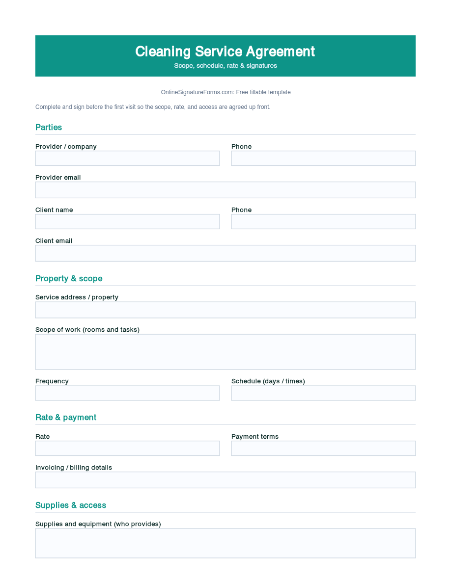 Preview of Cleaning Service Agreement Template (PDF/DOCX)