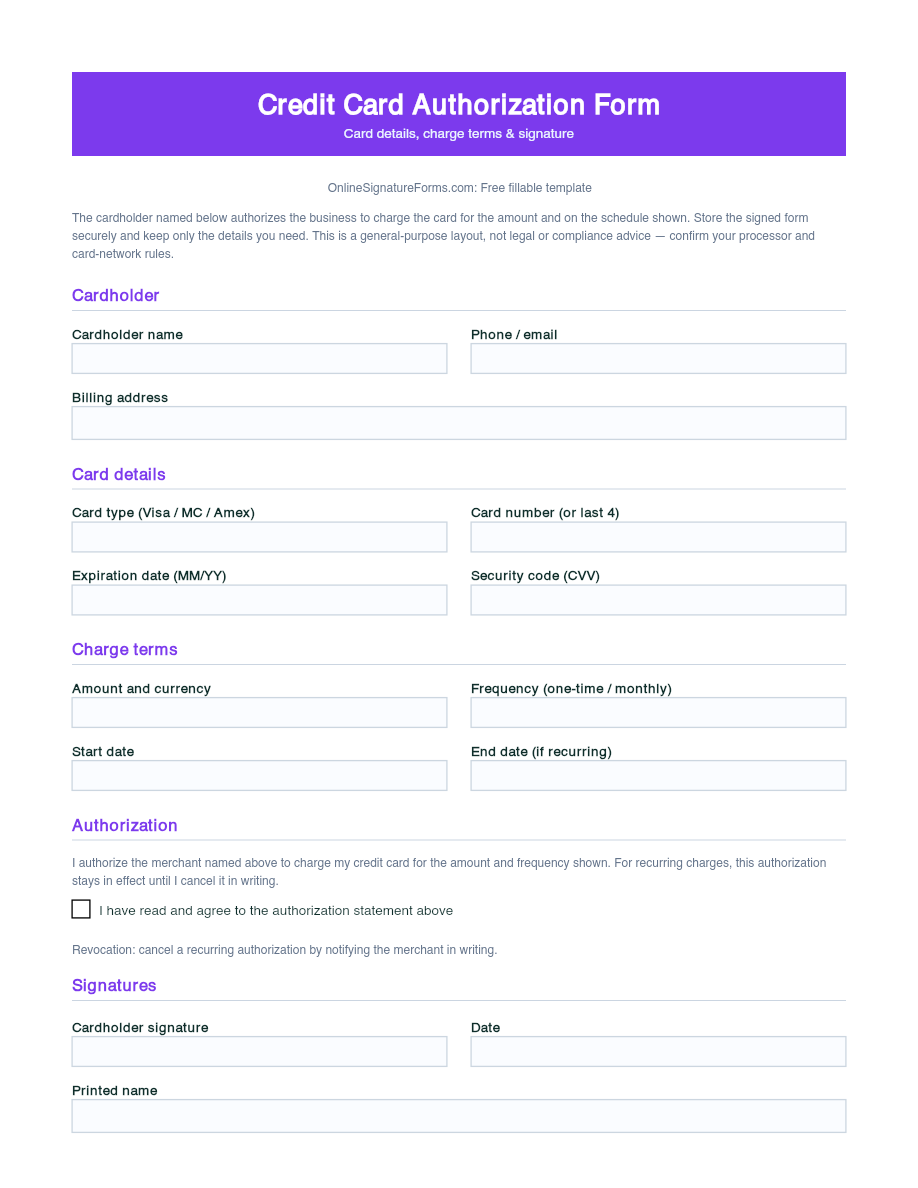 Preview of Credit Card Authorization Form Template (PDF/DOCX)