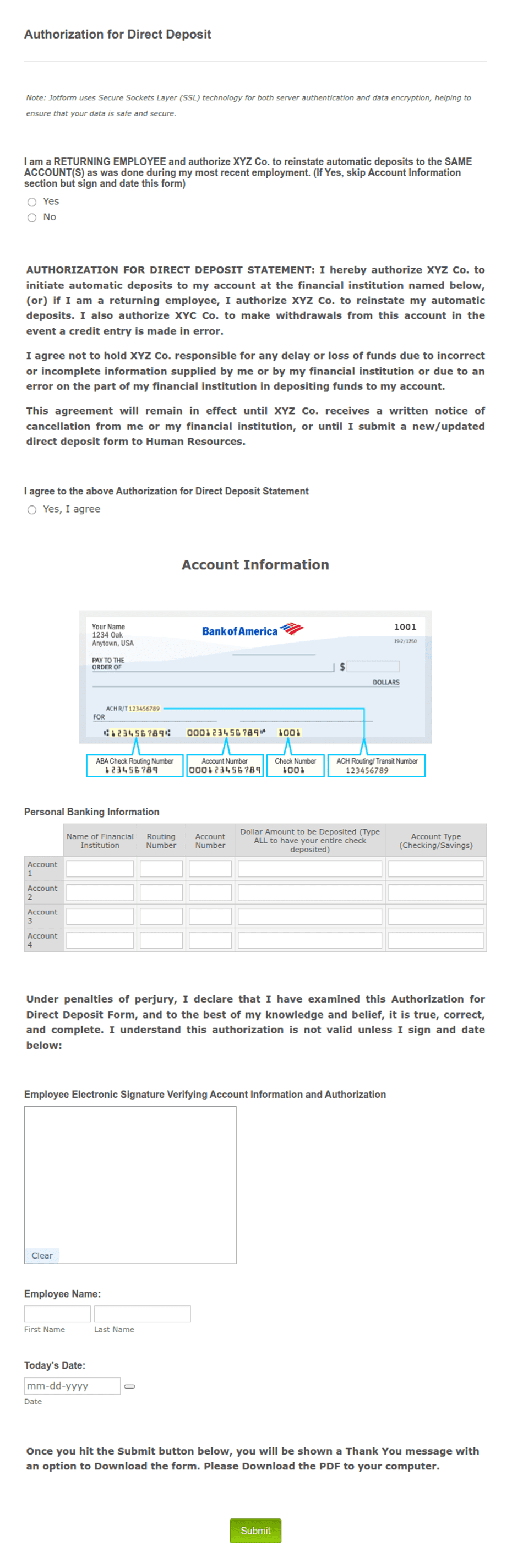 Direct Deposit Authorization Form Template: Jotform