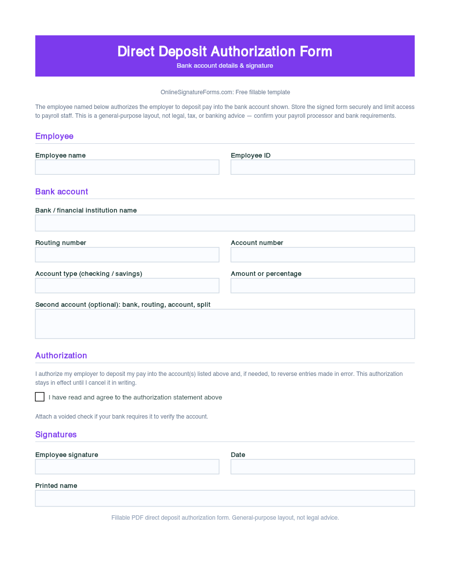 Preview of Direct Deposit Authorization Form Template (PDF/DOCX)