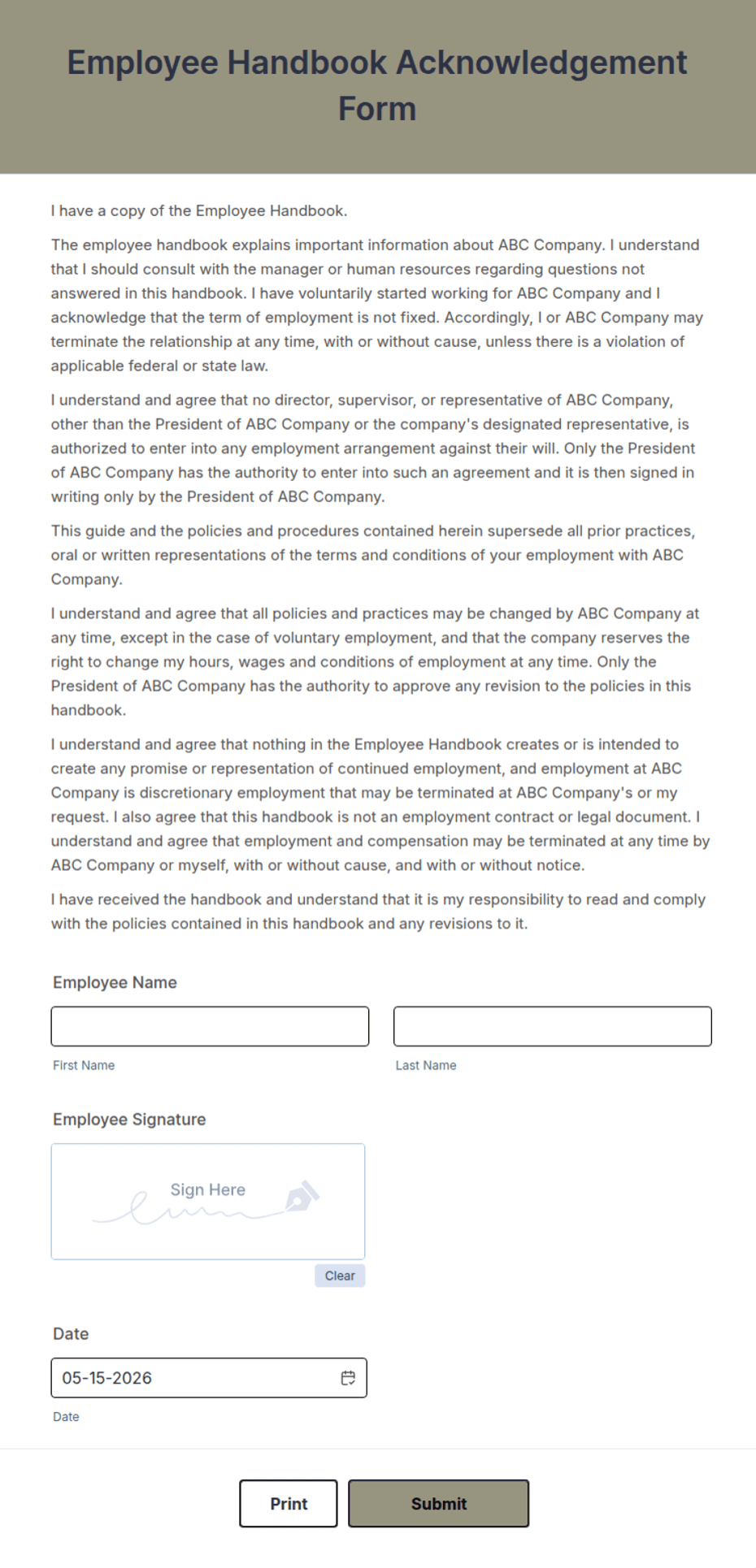 Preview of Employee Handbook Acknowledgment Template