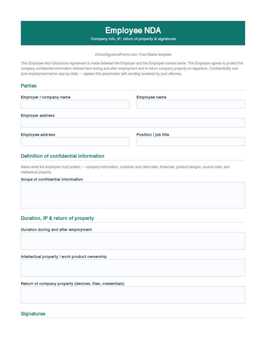 Preview of Employee NDA Template (PDF/DOCX)