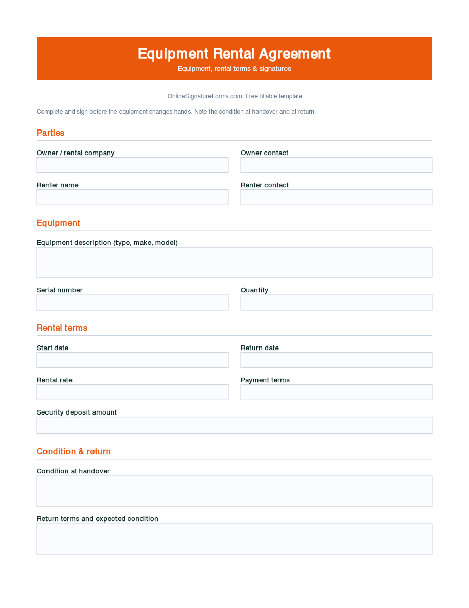 Preview of Equipment Rental Agreement Template (PDF/DOCX)