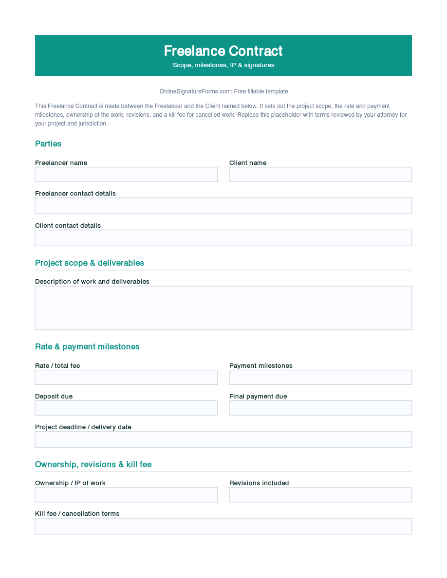 Preview of Freelance Contract Template (PDF/DOCX)