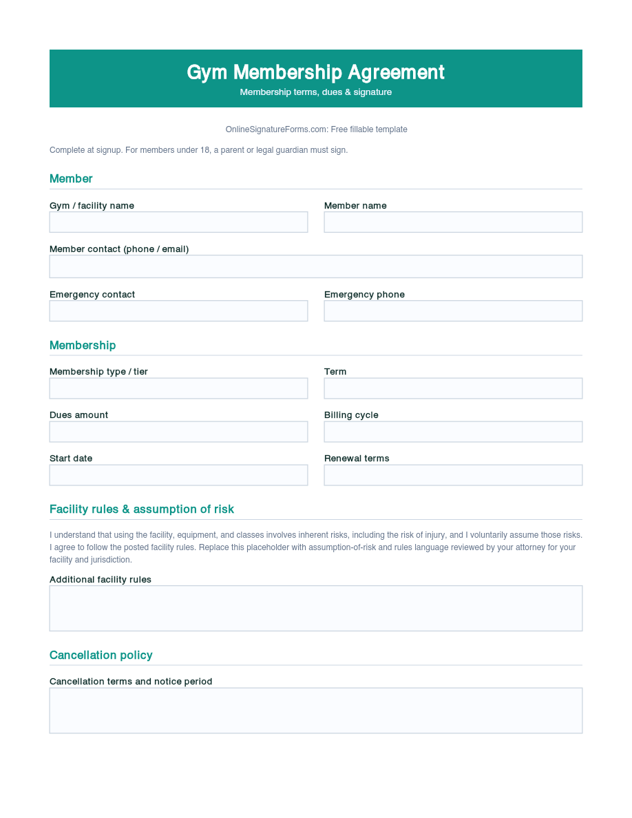 Preview of Gym Membership Agreement Template (PDF/DOCX)
