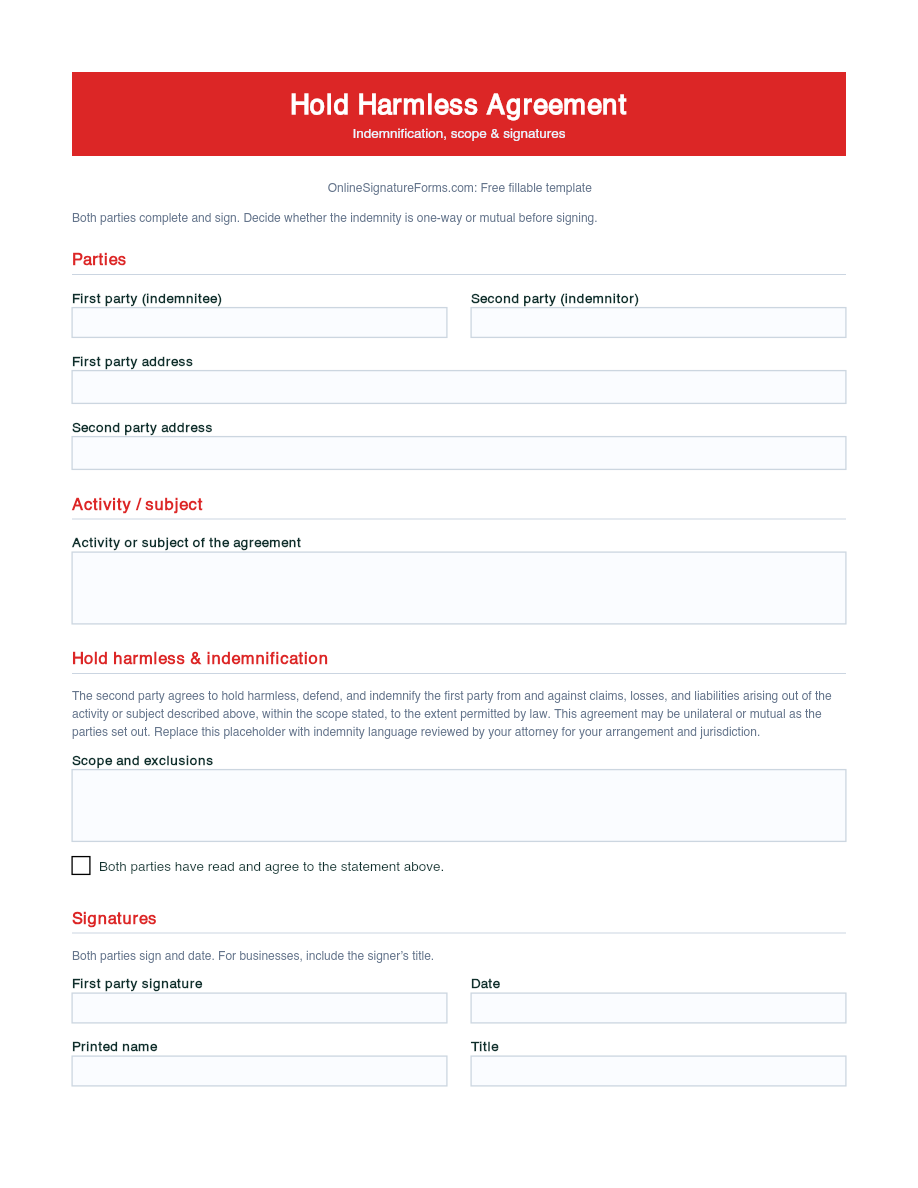 Preview of Hold Harmless Agreement Template (PDF/DOCX)