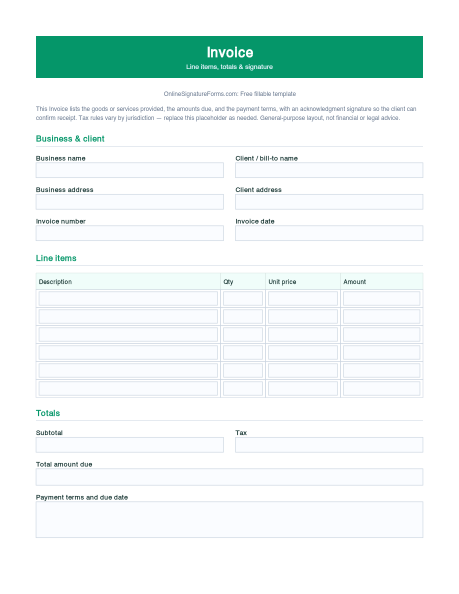 Preview of Invoice with Signature Template (PDF/DOCX)