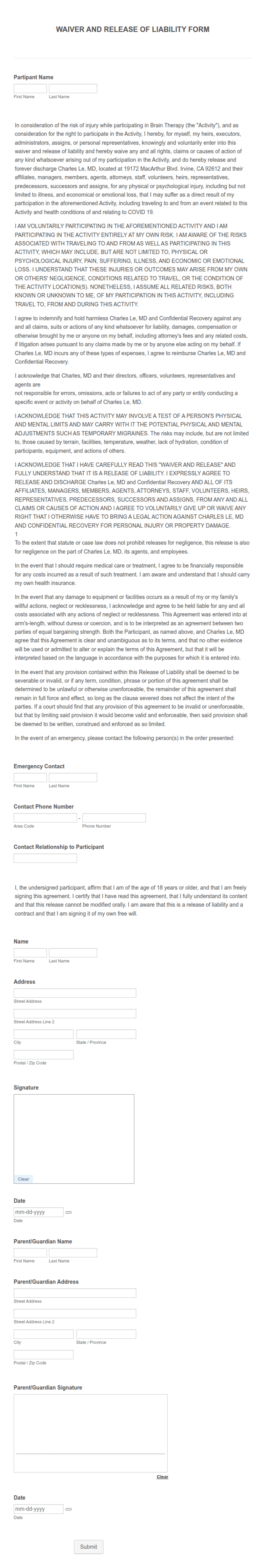 Liability Waiver Form Template: Jotform