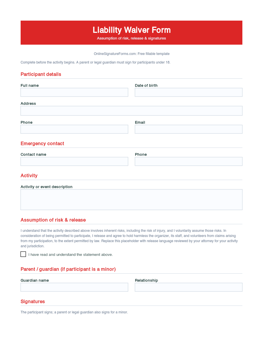 Preview of Liability Waiver Form Template (PDF/DOCX)
