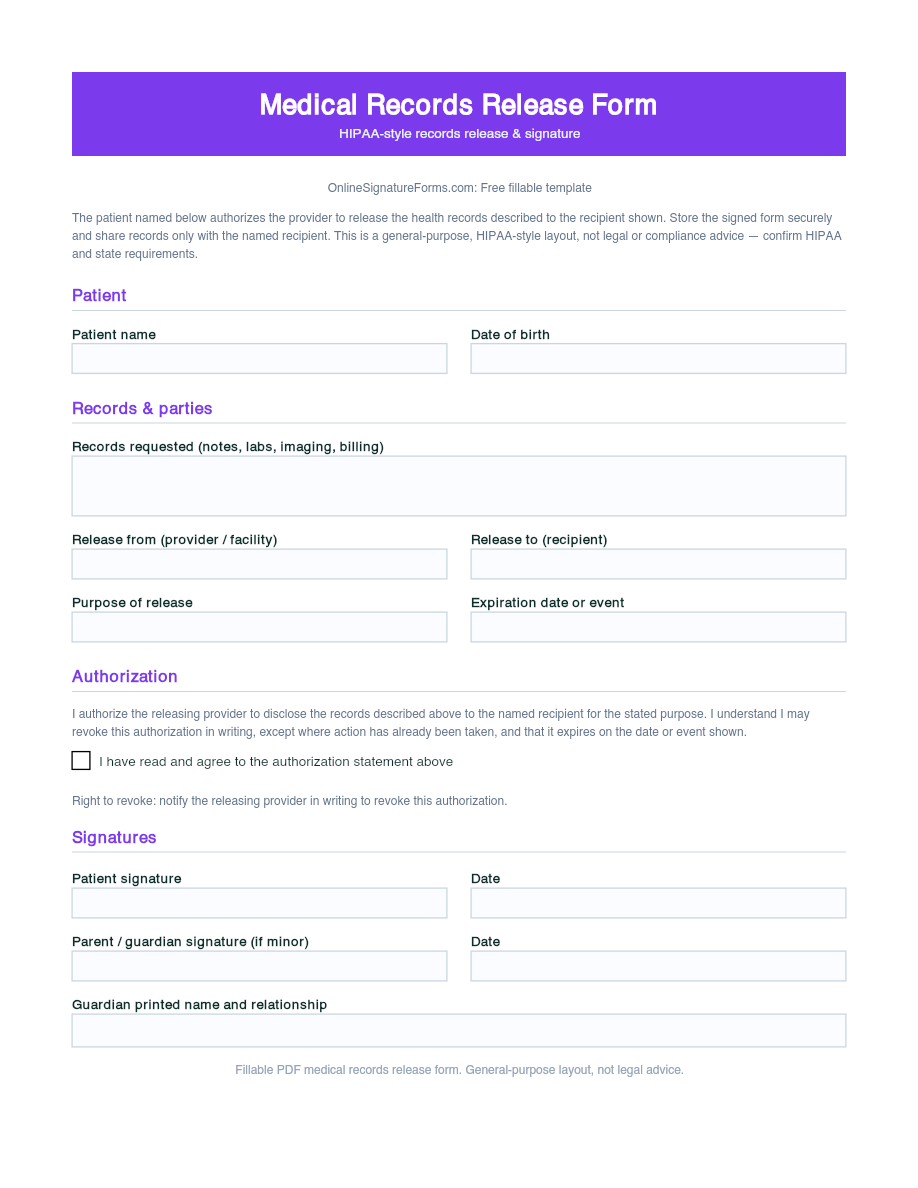 Preview of Medical Records Release Form Template (PDF/DOCX)