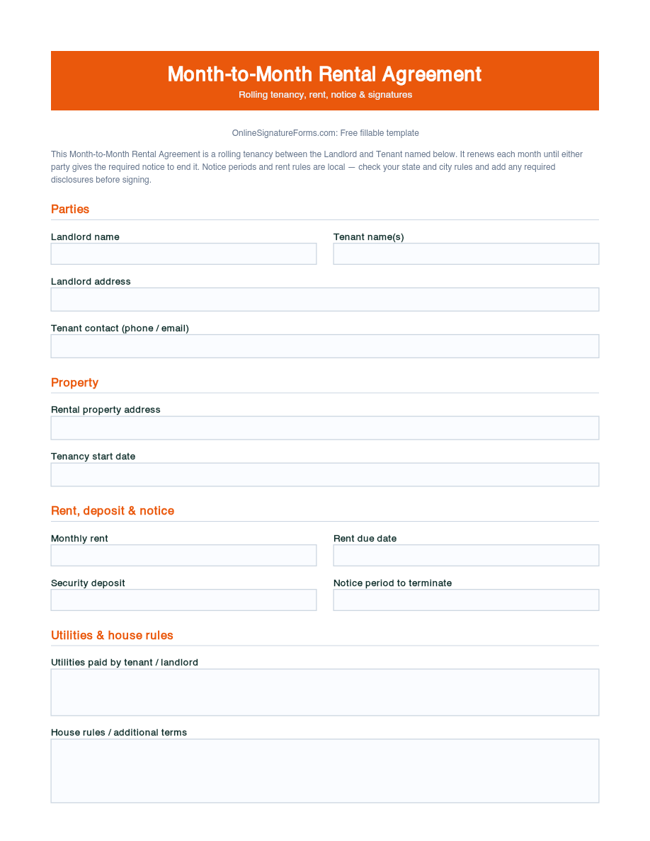Preview of Month-to-Month Rental Agreement Template (PDF/DOCX)