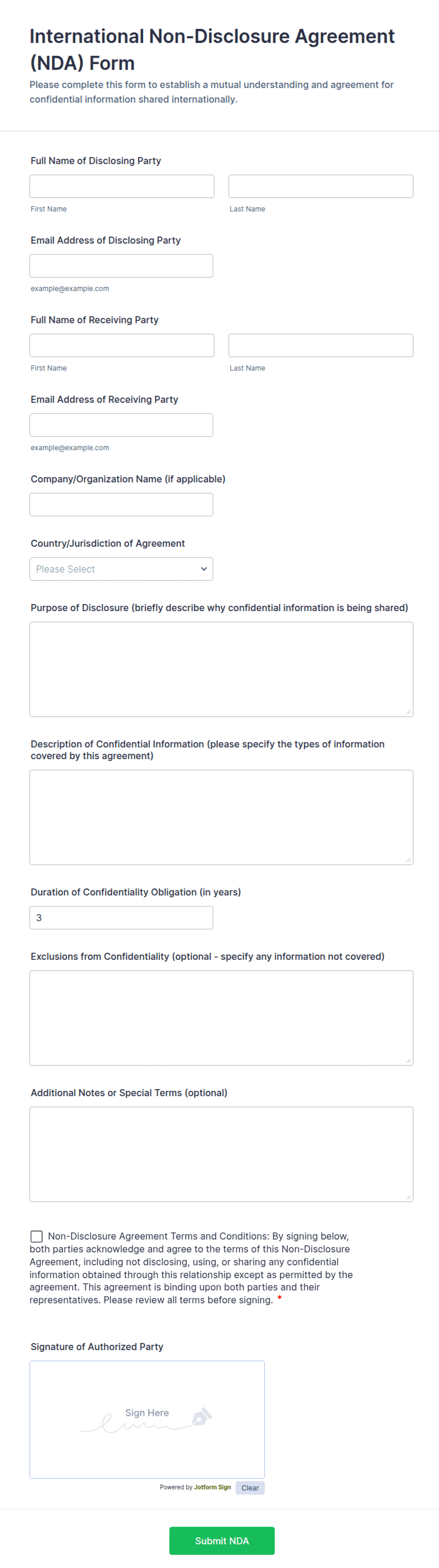 Non-Disclosure Agreement (NDA) Template: Jotform