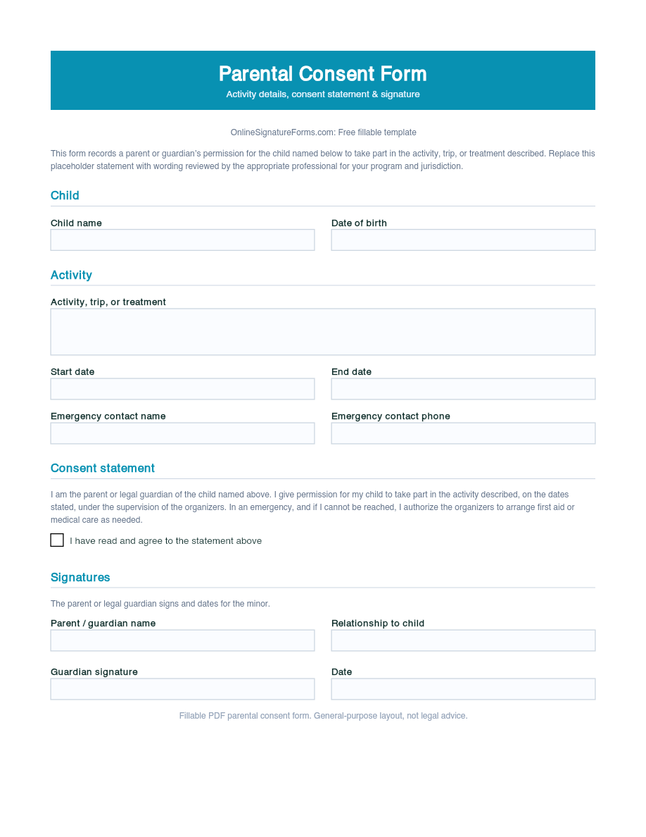 Preview of Parental Consent Form Template (PDF/DOCX)