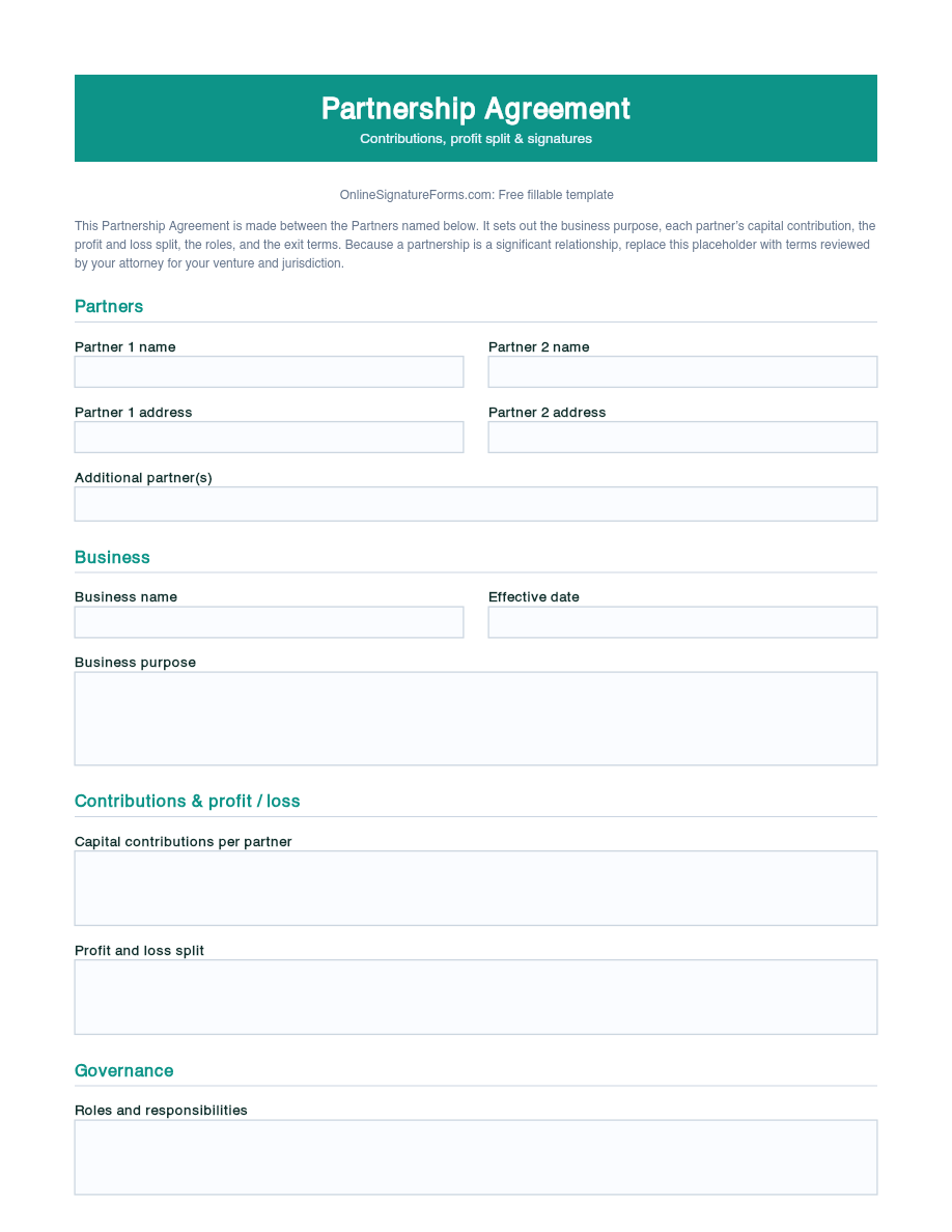Preview of Partnership Agreement Template (PDF/DOCX)