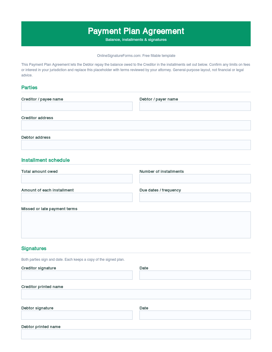 Preview of Payment Plan Agreement Template (PDF/DOCX)