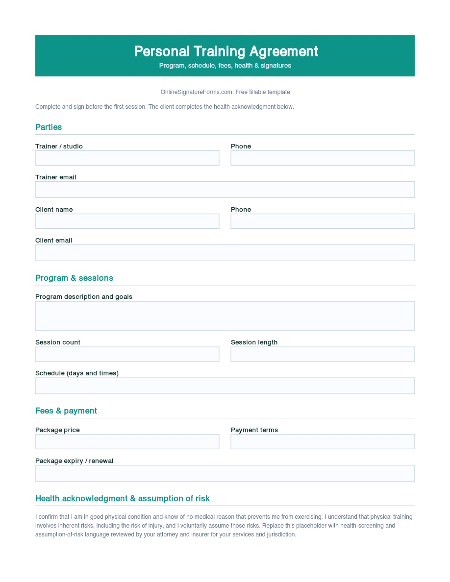 Preview of Personal Training Agreement Template (PDF/DOCX)