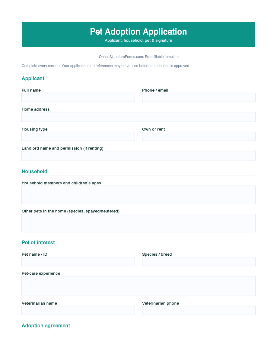 Preview of Pet Adoption Application Template (PDF/DOCX)
