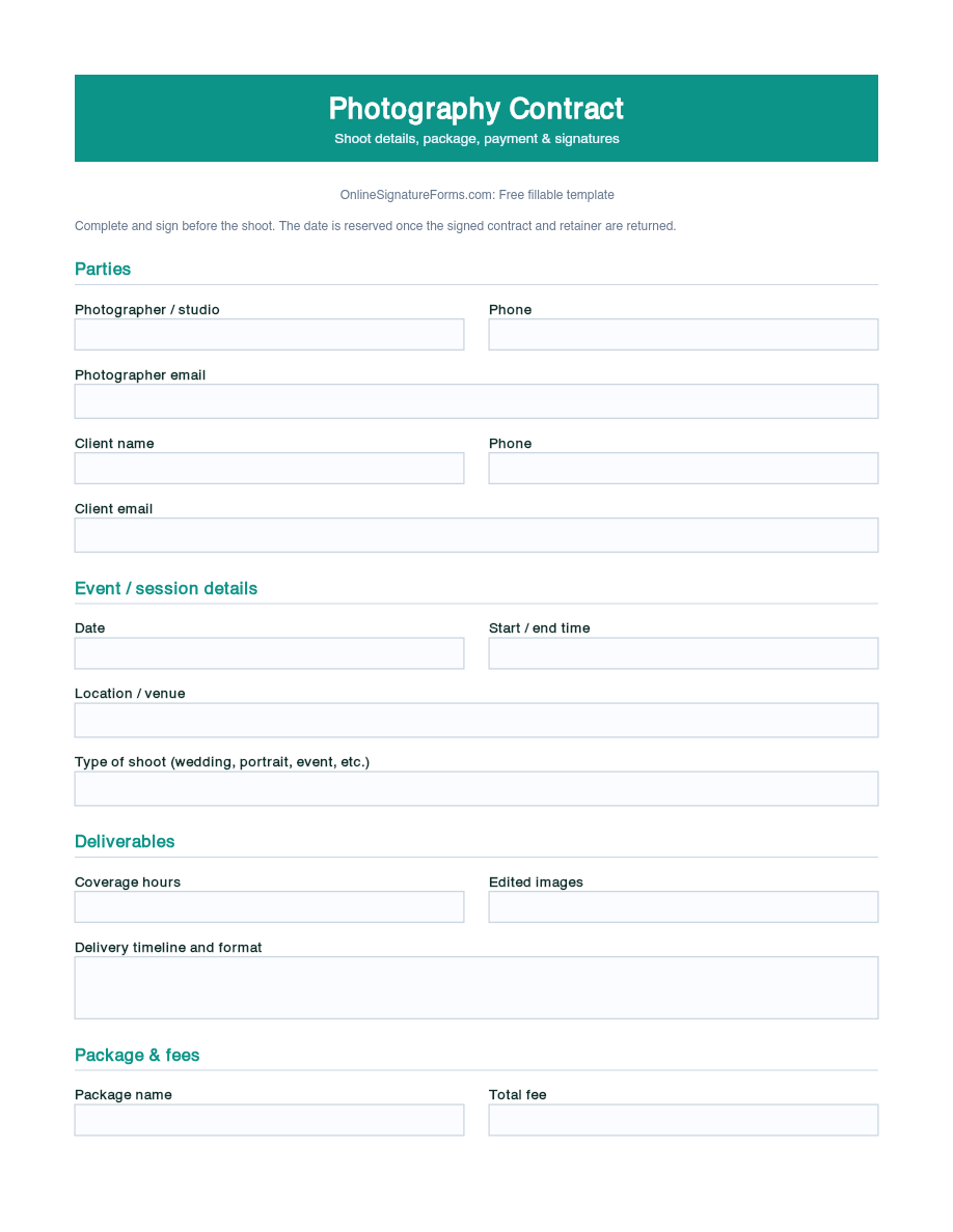 Preview of Photography Contract Template (PDF/DOCX)