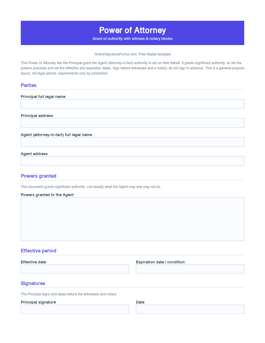 Preview of Power of Attorney Template (PDF/DOCX)