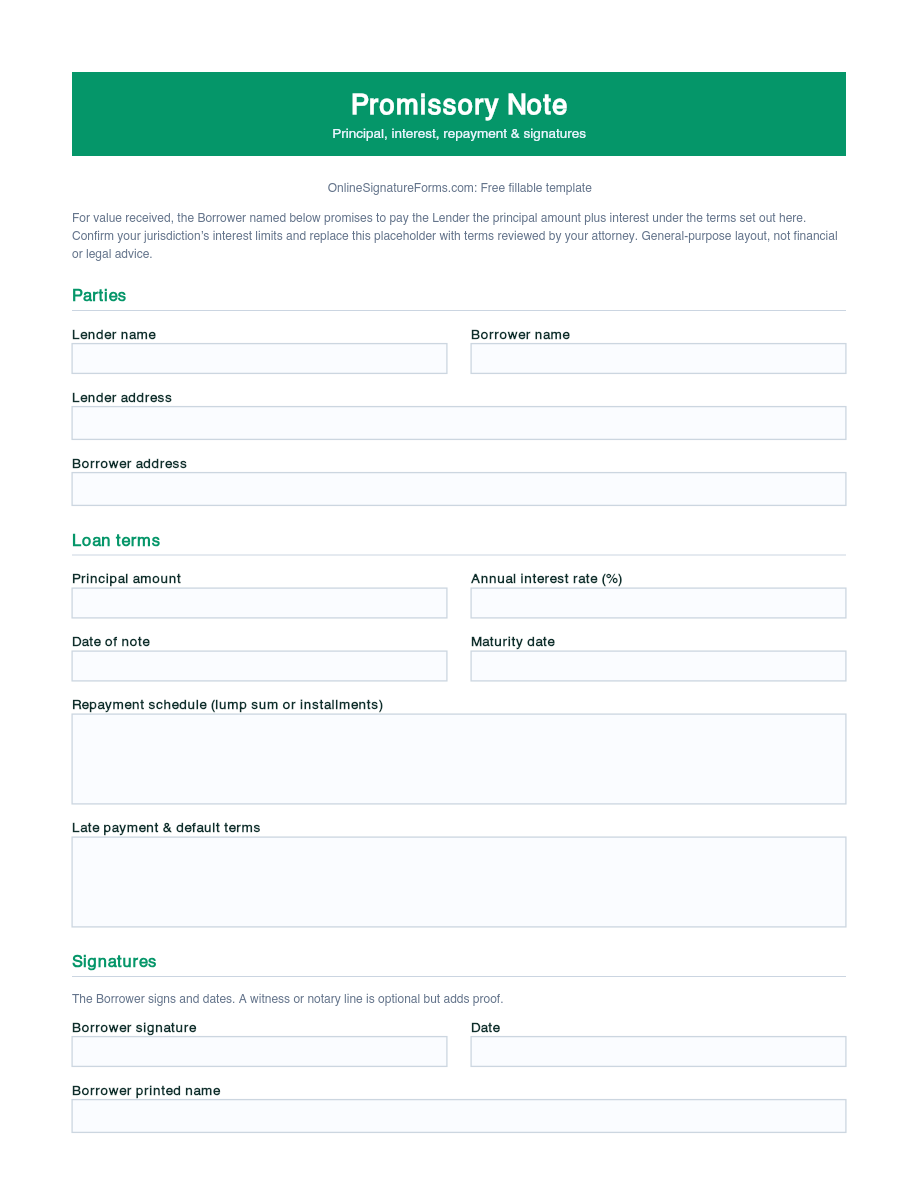 Preview of Promissory Note Template (PDF/DOCX)