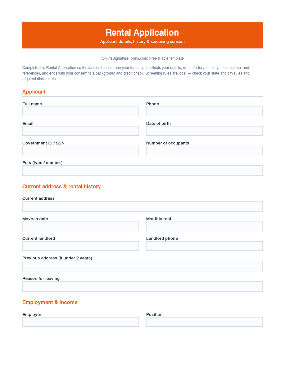 Preview of Rental Application Template (PDF/DOCX)
