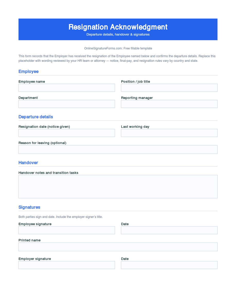 Preview of Resignation Acknowledgment Template (PDF/DOCX)