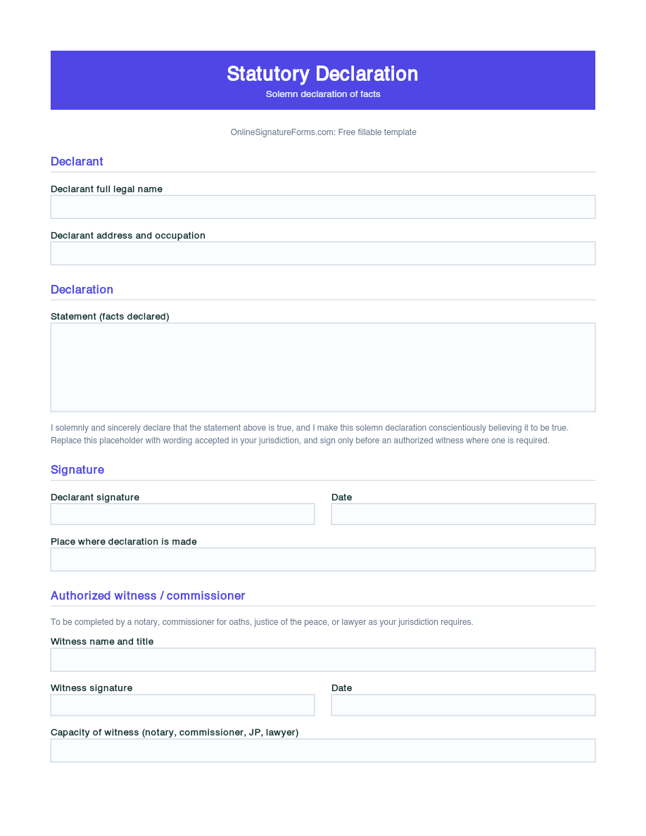 Preview of Statutory Declaration Template (PDF/DOCX)