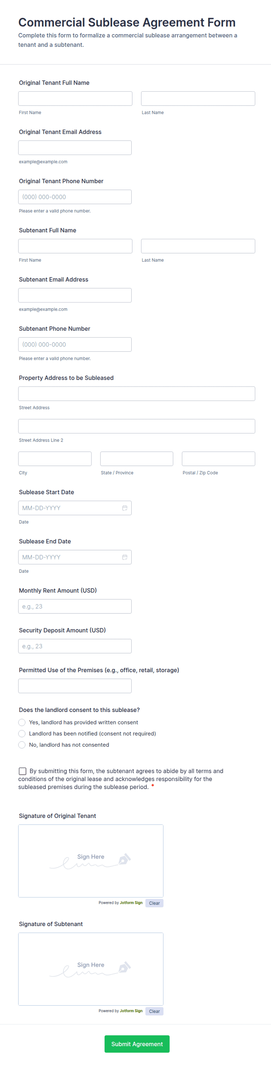 Sublease Agreement Template: Jotform