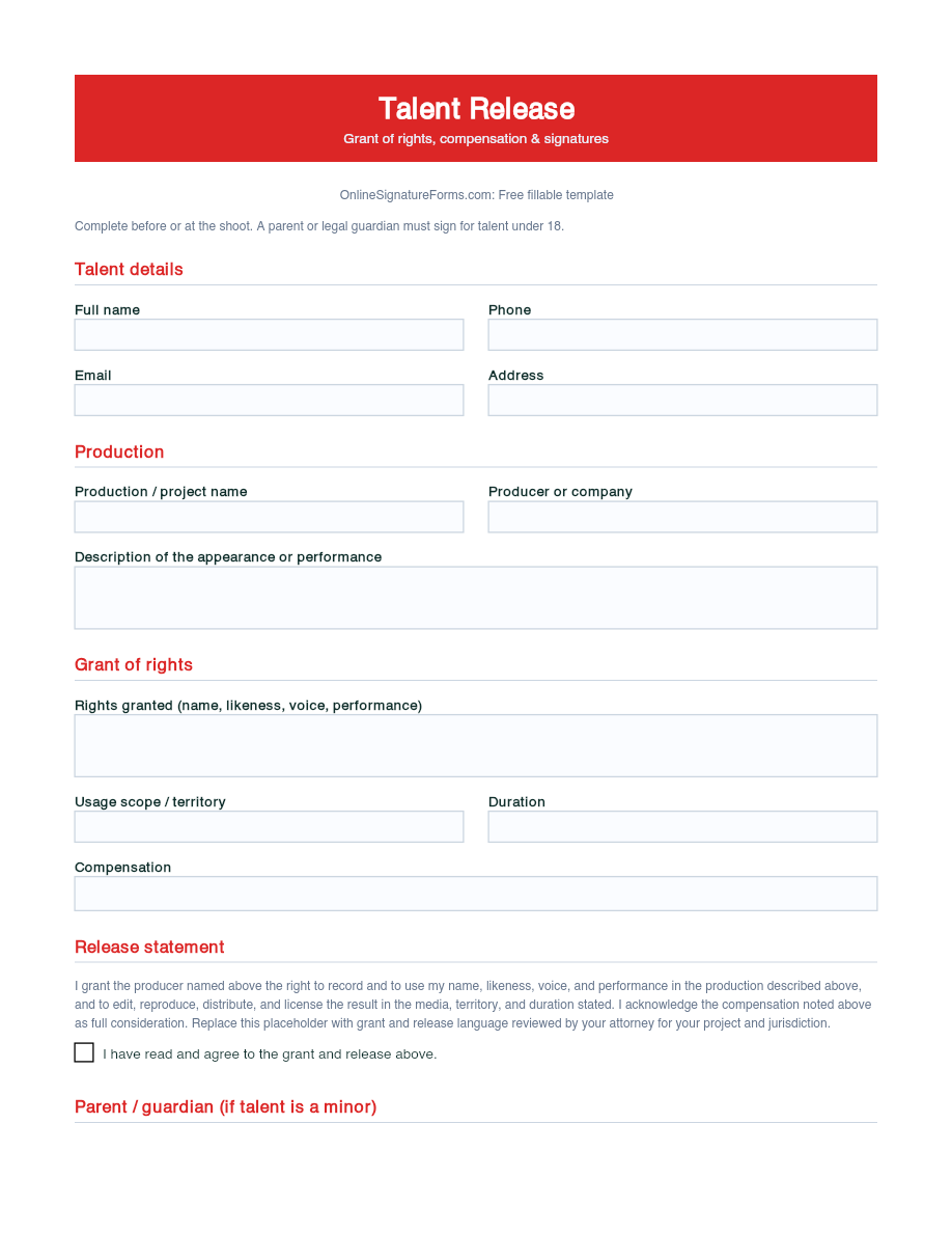 Preview of Talent Release Form Template (PDF/DOCX)