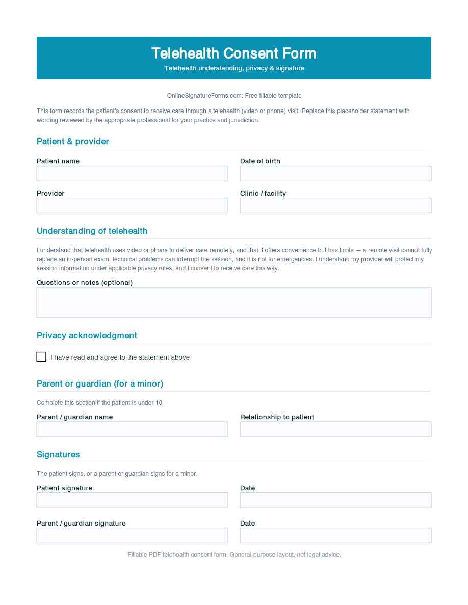 Preview of Telehealth Consent Form Template (PDF/DOCX)