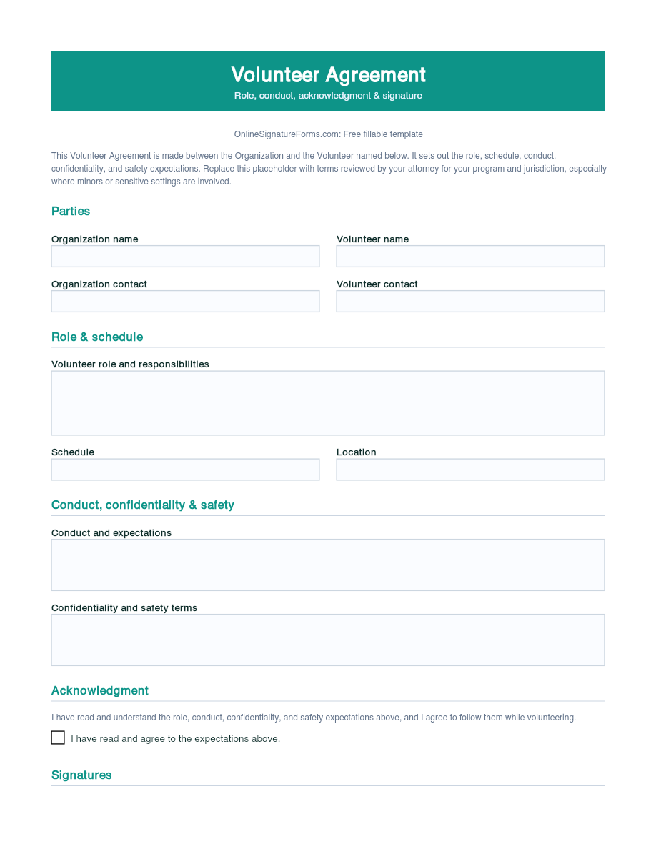 Preview of Volunteer Agreement Template (PDF/DOCX)